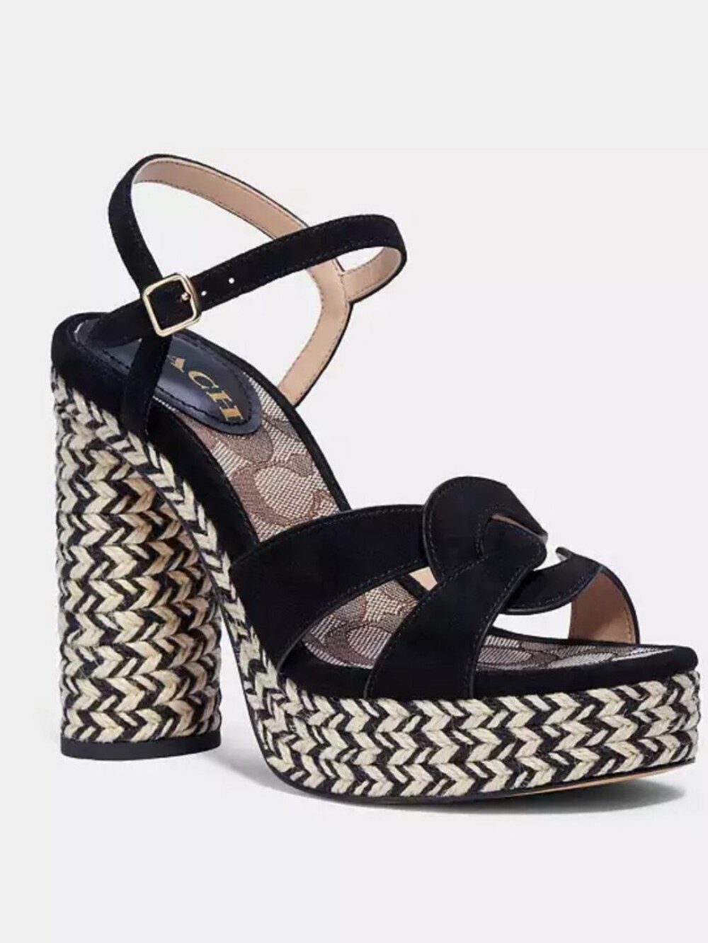 Coach Black Suede Braided Espadrille Platform Sandal